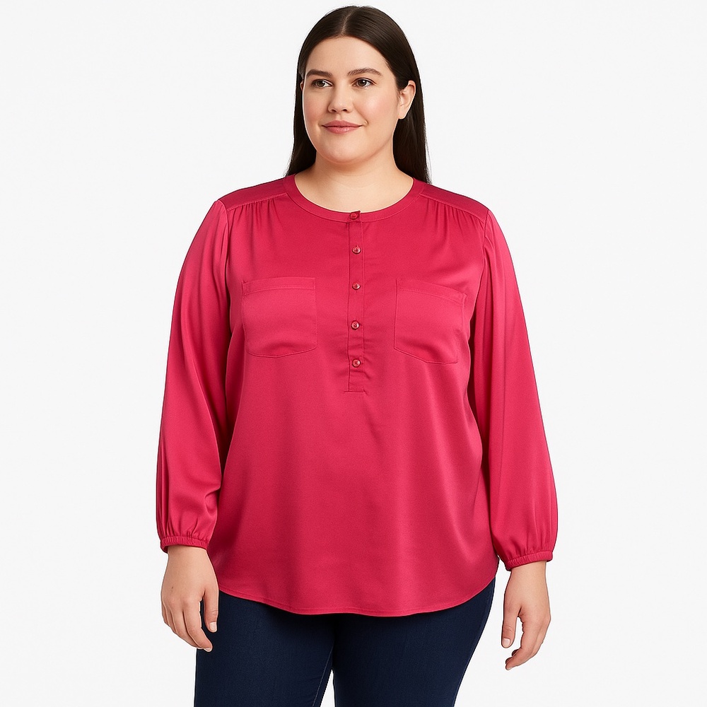 George Pink Satin Henley Blouse Long Sleeve Women’s Plus 2X